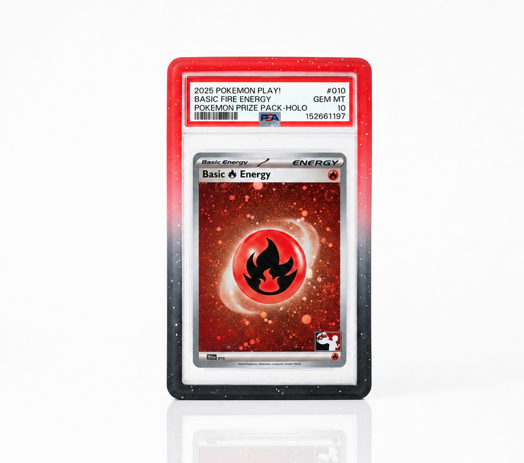 Pokémon energy trading card in a red guard on a white background