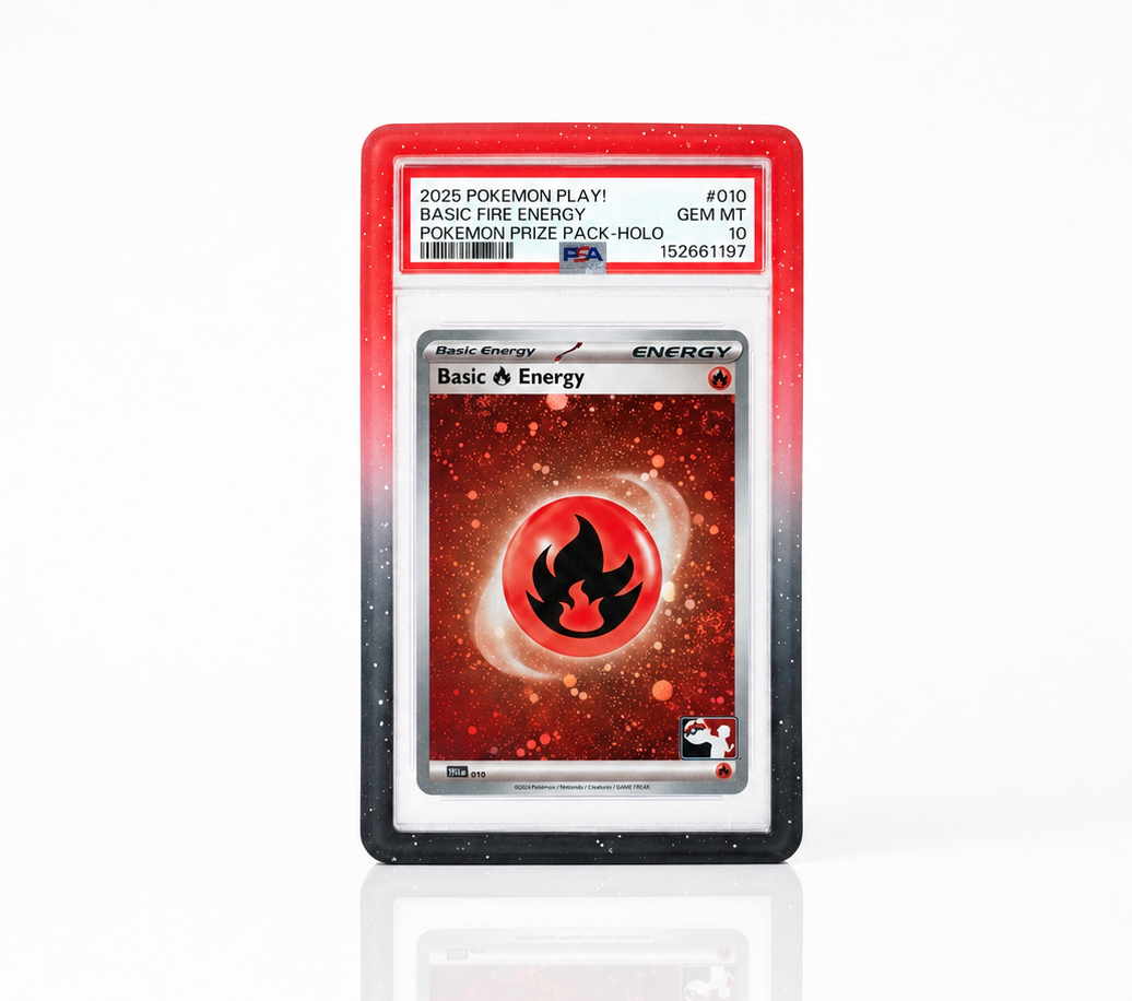 Pokémon energy trading card in a red guard on a white background